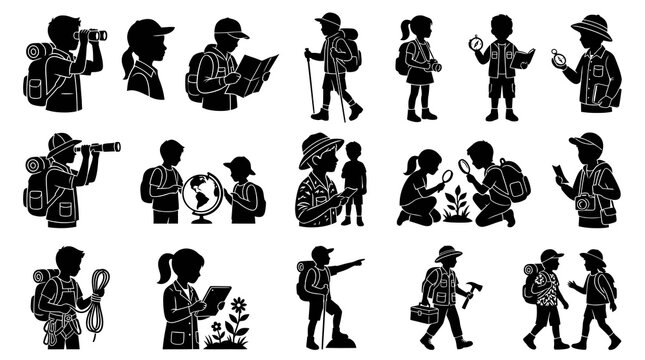 Children Outdoor Exploration  Education Silhouettes - Kids Adventure, Science  Nature Glyph Icons Vector