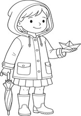 Fototapeta premium Cute little girl in a raincoat holding a paper boat coloring page outline vector