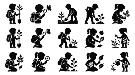 Fototapeta premium Kids Nature Education and Gardening Glyph Vector Silhouettes. Children Exploring Plants, Trees, and Environment Icons.