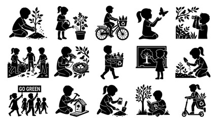 Fototapeta premium Children's Eco-Friendly Activities, Vector Silhouettes of Kids Gardening, Recycling, Nature