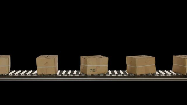 Cardboard Boxes Moving on Conveyor Belt Loop, 4K Alpha Channel