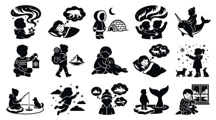 Fototapeta premium Arctic Winter Life Glyph Icons Set. Black White Vector Illustrations of Kids, Animals, and Northern Scenes.