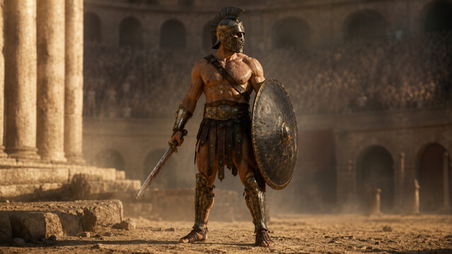A muscular ancient warrior stands defiantly on a dusty arena floor clutching his sword and shield amidst towering columns with focus on gladiator.