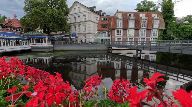 Red Flowers Revealing Reflections on Historic European Canal