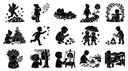 Fototapeta premium Autumn Children Activities Black and White Silhouette Icons Set