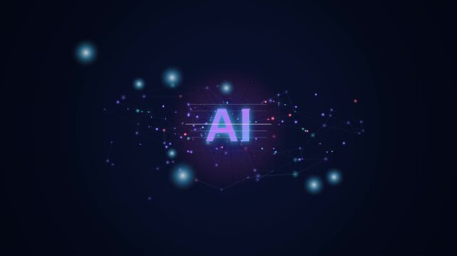 Glowing artificial intelligence AI neon sign with floating blue tech digital particles