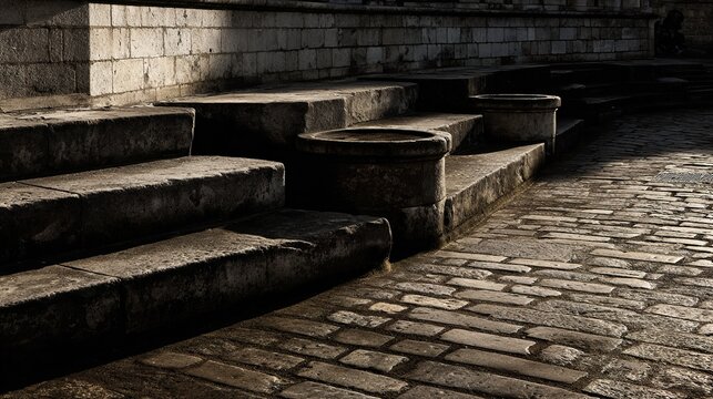indentations. Empty ancient market square with stone steps showing indentations where a pillory once stood. event programs, museum guides, designed for cultural heritage projects and event programs.