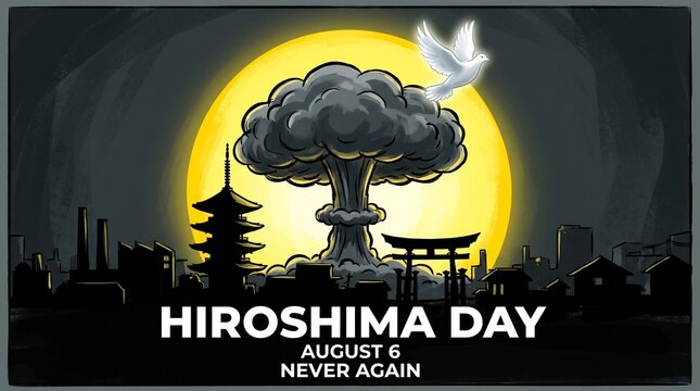 Hiroshima day memorial graphic with mushroom cloud and peaceful dove, hiroshima