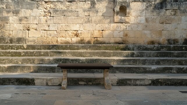 indentations. Empty ancient market square with stone steps showing indentations where a pillory once stood. event programs, museum guides, designed for cultural heritage projects and event programs.