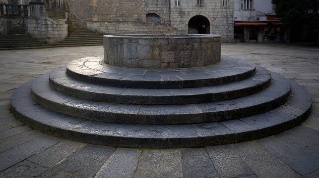 indentations. Empty ancient market square with stone steps showing indentations where a pillory once stood. event programs, museum guides, designed for cultural heritage projects and event programs.