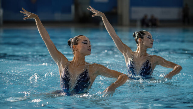 Graceful Syncopation: Dazzling Water Ballet Performance by Synchro  artistic Swimmers. synchronized swimming