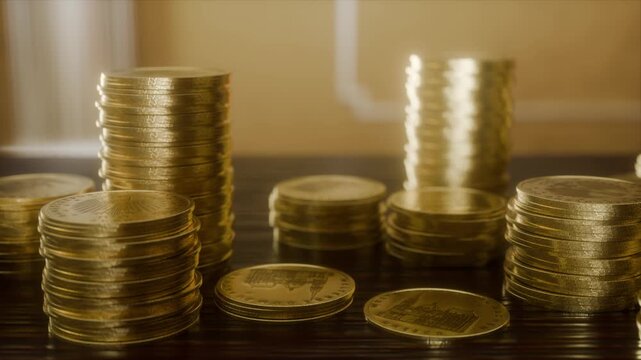 Realistic Gold Coins on Table with Shallow Depth of Field, Cinematic 4K Loop