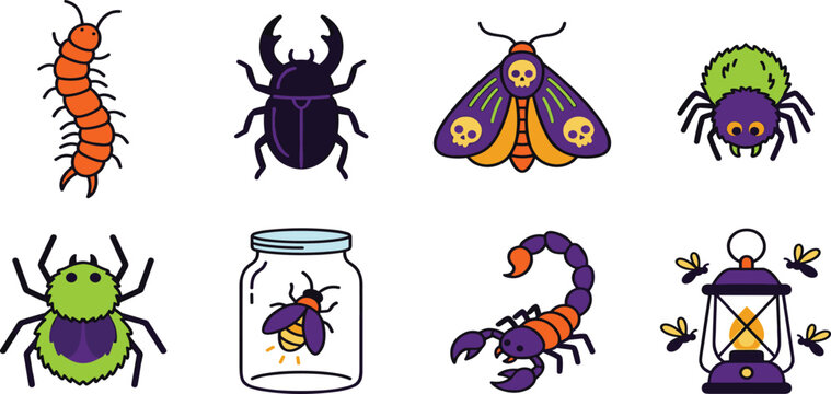 Spooky Halloween Insects and Bugs Vector Icon Set with Centipede Beetle Death Head Moth Spider Scorpion Firefly Jar and Lantern Designs