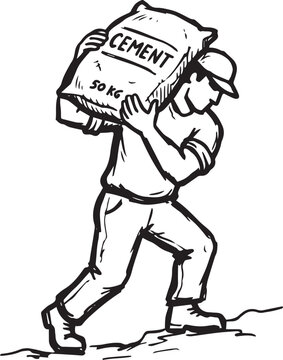 Construction Worker Carrying Heavy Cement Bag on Shoulder Building Industry Outline Vector Illustration