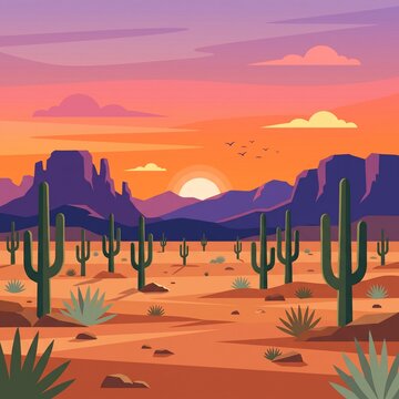Western Desert Landscape at Sunset Flat Vector Illustration