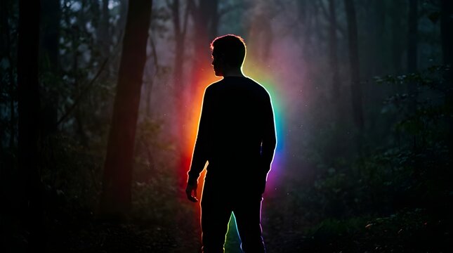 Siluet Pria Berdiri di Hutan Gelap Dikelilingi Aura Cahaya Pelangi Misterius