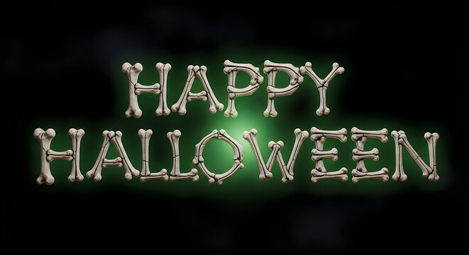 Spooky happy halloween text made from human bones on black background