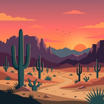 Desert Road to Sunset with Saguaro Cactus Vector Illustration