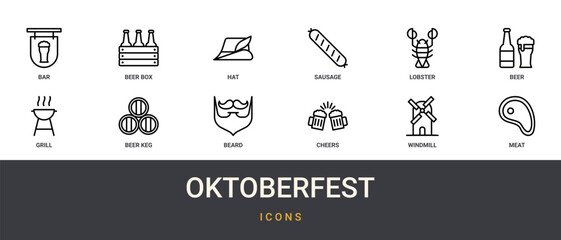 Fototapeta premium Set of 12 outline web Oktoberfest icons such as meat, windmill, cheers, beard, beer keg, grill, beer vector icons for report, presentation, diagram, web design, mobile app