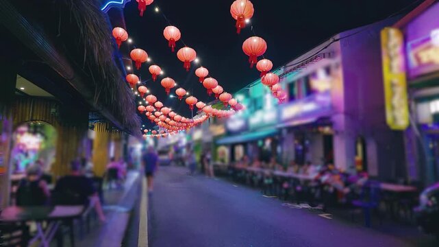 Nighttime Street Scene with Red Lanterns in George Town, Penang (Slow Motion)