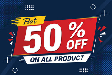 Fototapeta premium Flat 50 percent off sale banner template. Vector red and blue geometric promo badge design with yellow accent and halftone pattern isolated for store marketing discounts.
