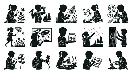 Fototapeta premium Children Exploring Nature Science Learning Black and White Vector Icons