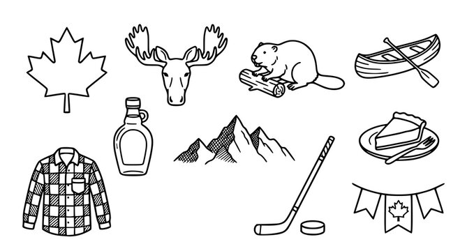 Set of hand drawn canadian icons including maple leaf moose beaver canoe maple syrup mountains flannel shirt hockey equipment