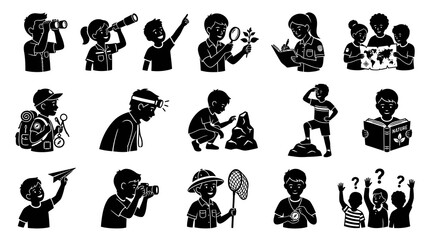 Fototapeta premium Kids Nature Exploration Education Glyph Icons: Children's Outdoor Discovery Silhouette Set