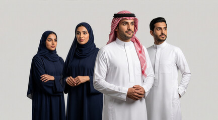 Fototapeta premium Portrait collection of confident Saudi business professionals wearing traditional attire, including thawbs, shemaghs, and abayas, representing leadership, diversity, teamwork and corporate culture.