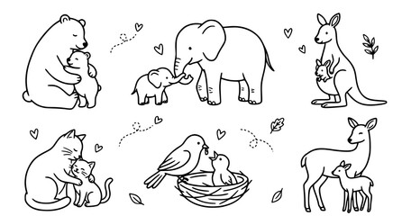 Obraz premium Cute hand drawn collection of various mother animals with their babies including bears elephants kangaroos cats birds and deer