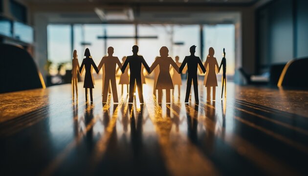 Paper cut people holding hands on table in warm light representing teamwork community unity diversity and workplace harmony