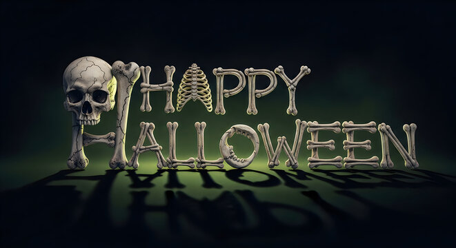 Spooky happy halloween text design featuring a realistic human skull graphic