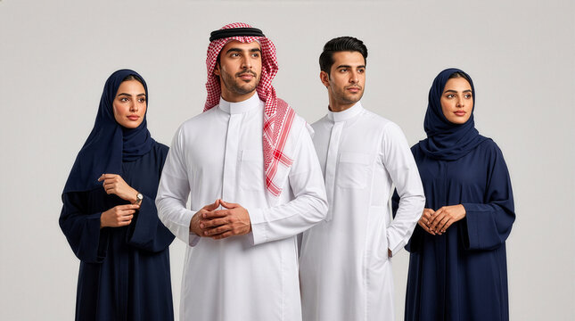 Portrait collection of confident Saudi business professionals wearing traditional attire, including thawbs, shemaghs, and abayas, representing leadership, diversity, teamwork and corporate culture.