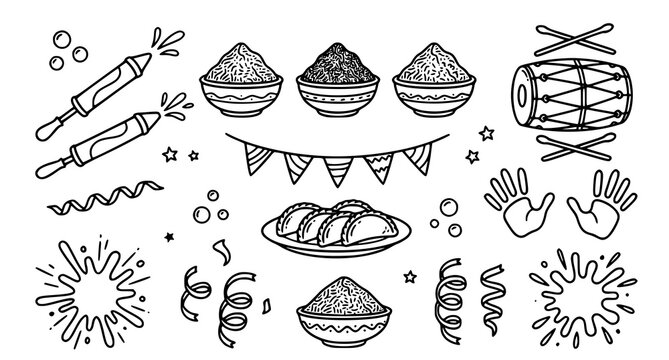 Hand drawn doodle set of holi festival elements including colorful powder bowls water guns dhol drum and sweet gujiya treats