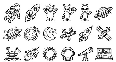Set of black and white space themed doodle icons featuring astronauts rockets planets aliens satellites and various astronomical equipment elements © aliful