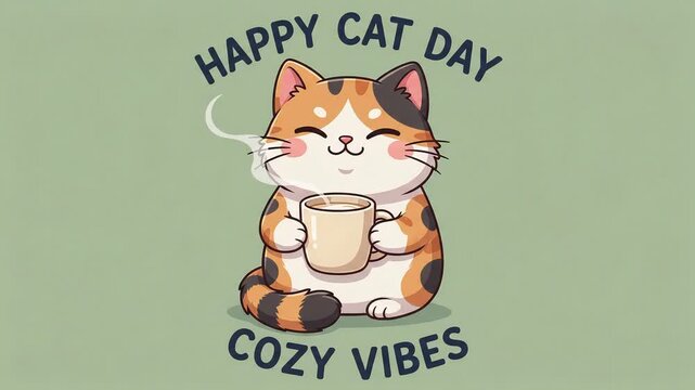 Cartoon calico cat holding a steaming mug with text