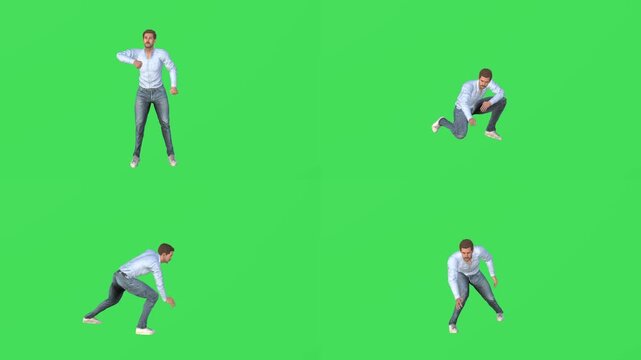 3d animated cartoon animation male character in action poses on green screen chromakey background. Animated man performing dynamic kicks and moves perfect for action and sports motion graphics.