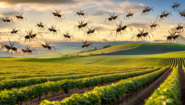 Surreal swarm of large locusts flying over a neatly cultivated farmland at sunset in a dramatic scene
