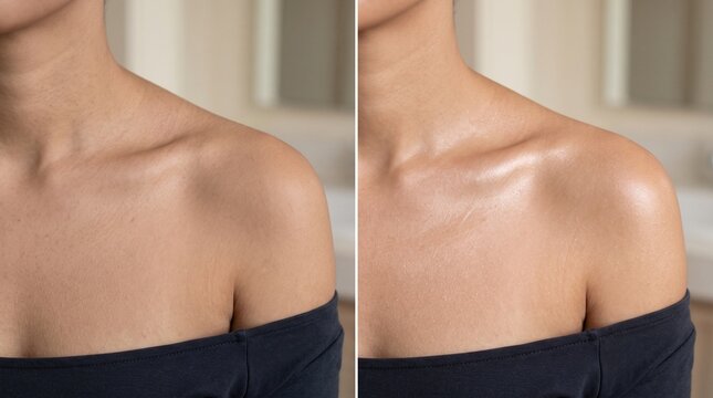 Before and after matte dull collarbone to glowing highlighted body care