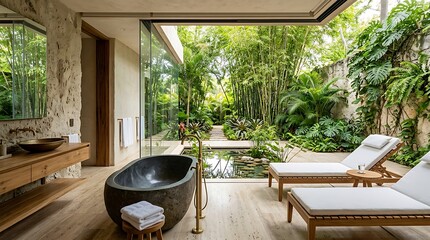 Fototapeta premium Luxurious open-air bathroom featuring a free-standing stone tub leading to a tropical courtyard with sun loungers and a stone pool