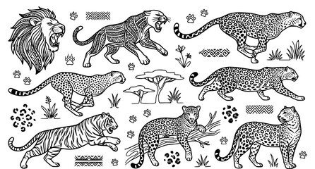 Set of hand drawn wild cats including lions tigers and leopards with tribal patterns and african savanna landscape elements © aliful