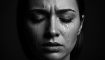Fototapeta premium Close up portrait of crying woman in black and white for sadness and depression awareness or emotional storytelling use