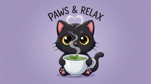 Animated cartoon black cat holding a steaming green tea cup