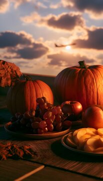 Autumn harvest bounty glows warmly beneath a sky touched by fleeting airplane light