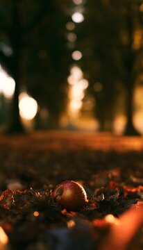 Autumn's gentle beauty a single apple rests among golden leaves serene landscape photography
