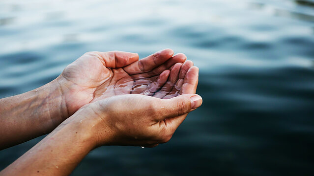 Close-up of cupped hands holding clear water from a lake or river representing purity and nature's precious resources