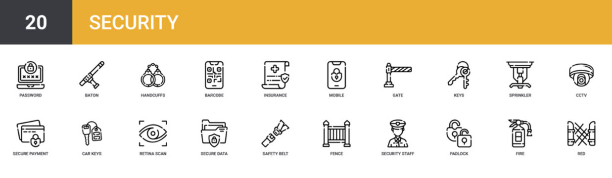 Set of 20 outline web Security icons such as red, fire extinguisher, padlock, security staff, fence, safety belt, secure data vector icons for report, presentation, diagram, web design, mobile app