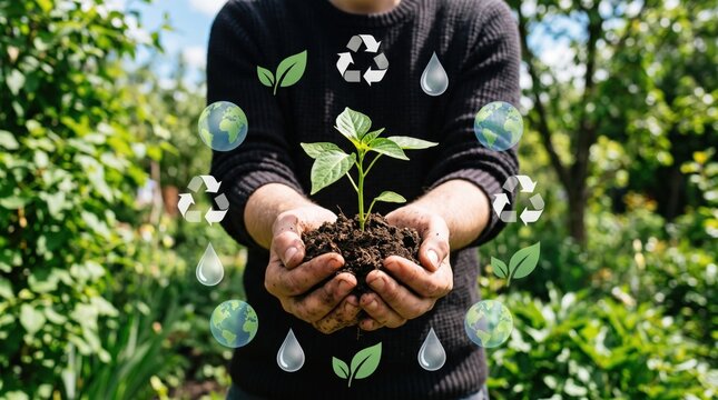 Hands holding young plant with soil surrounded by ecology icons, recycling symbol, water drops and earth globes representing environmental protection, sustainable development an...