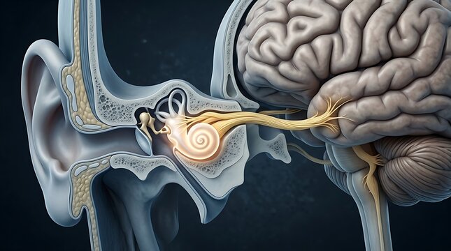 Anatomical cross section of human ear and brain auditory pathway