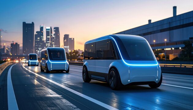 Autonomous electric shuttles travel through a futuristic cityscape at dusk, illustrating smart urban transport and sustainable mobility trends